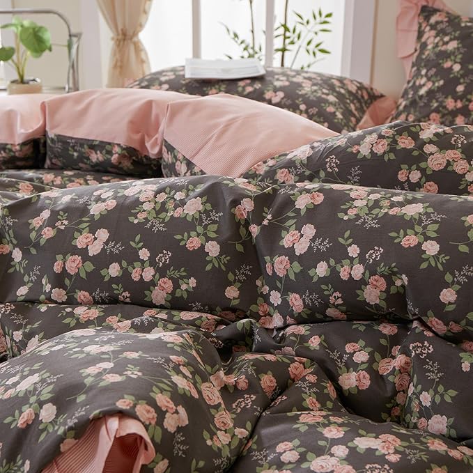 mixinni Vintage Floral Duvet Cover Set Full Size – 100% Cotton Ruffle Lace Bedding, Pink Rose Flower and Green Leaf Print, Reversible Stripes Pattern, Grandmillennial Cottagecore Aesthetic 3Pcs