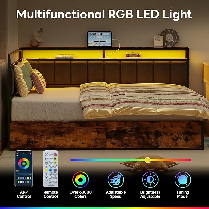 LIKIMIO Corner Bed Frame Twin Daybed with Storage Drawers, Metal Platform Bed Frame with LED Light, Charging Station & Fabric Upholstered Fence, Black