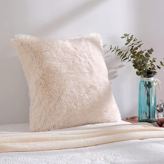 Reafort Luxury PV Fur Euro Sham Pillow Cover 26x26, Long Hair Faux Fur Plush Cushion Case with Hidden Zipper, Ultra Soft Decorative Pillow Cover for Bed Couch Sofa (Cream, Euro Sham)