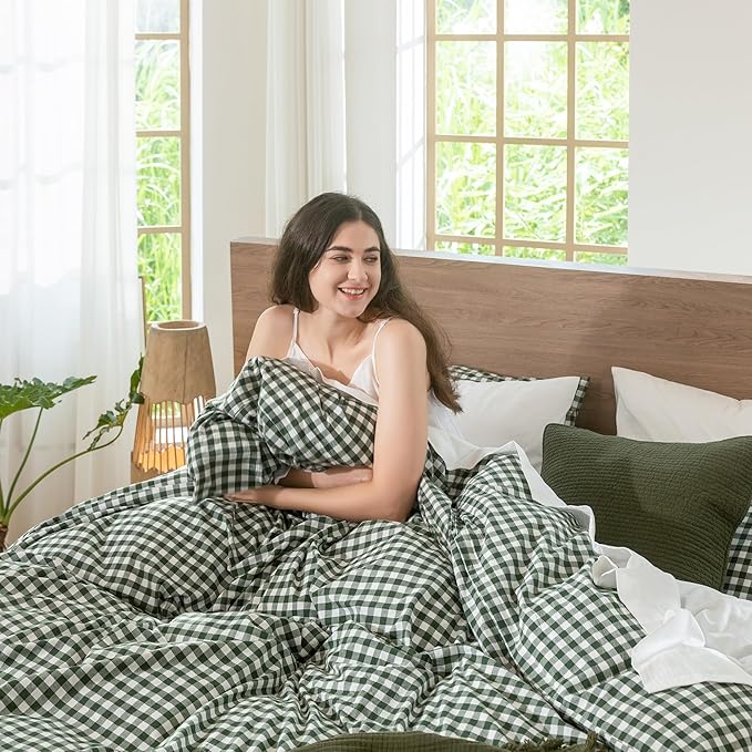 MooMee Gingham Duvet Cover Set 100% Washed Cotton Linen Like Textured Breathable Durable Soft Comfy Modern Checkered Design (Forest Green Gingham, Full 80"x90")