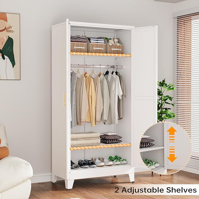 Metal Armoire Wardrobe Closet with Hanging Rod, Clothing Storage Cabinet with Adjustable Shelves for Laundry Room, Bedroom, Home Office, Bathroom, 71" White