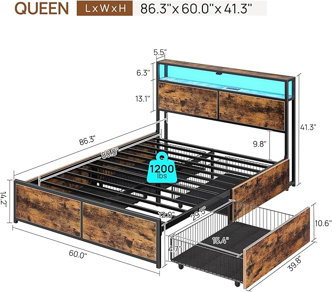 Rolanstar Queen Bed Frame with 4 Storage Drawers, Charging Station and LED Lights, Metal Platform Bed with 2-Tier Storage Headboard, No Box Spring Needed, Easy Assembly, Noise-Free, Rustic Brown
