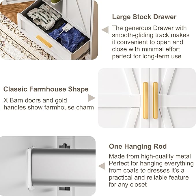 Baborokic Metal Wardrobe Cabinet,71 Armoire Wardrobe Closet with Drawers and Hanging Rod,Metal Armoire with Adjustable Shelves for Closet,Bedroom,Farmhouse Storage Cabinet with Drawer(White)