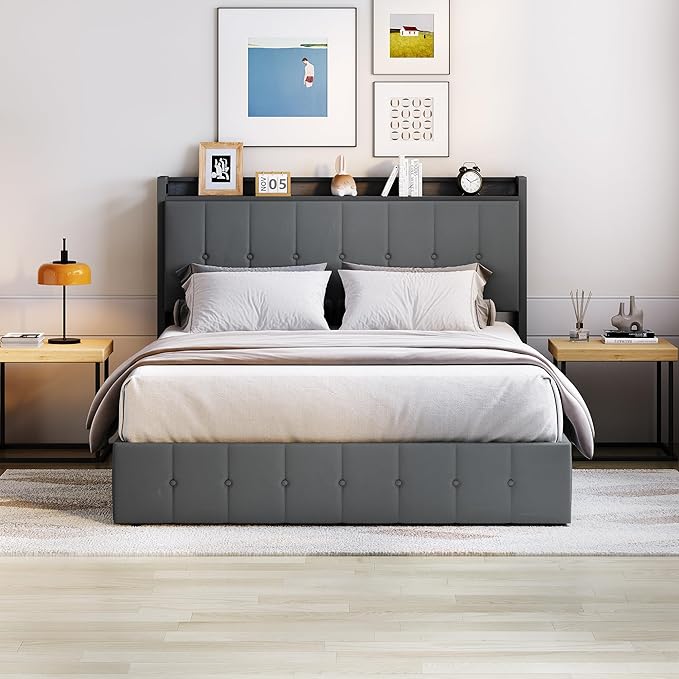 Garvee Full Size Lift Up Storage Bed, Upholstered Velvet Bed Frame with Storage Headboard, Metal Platform Bed, No Box Spring Needed, Solid Wooden Slats, Noise Free, Grey