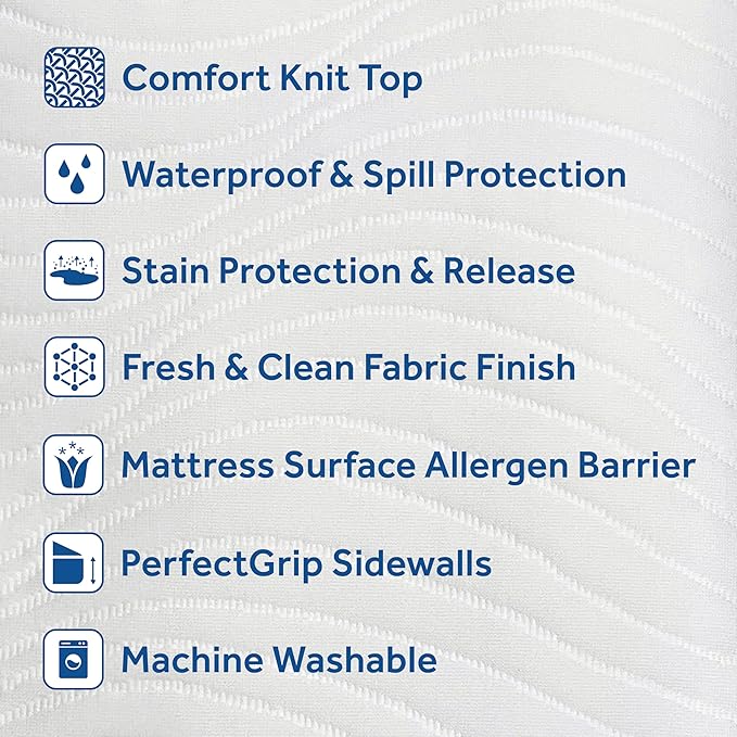 Sealy Complete Protection Waterproof Stain Protection Soft Comfort Top PerfectGrip Stretch Sidewalls Machine Washable Fitted Mattress Protector, Twin Size, White
