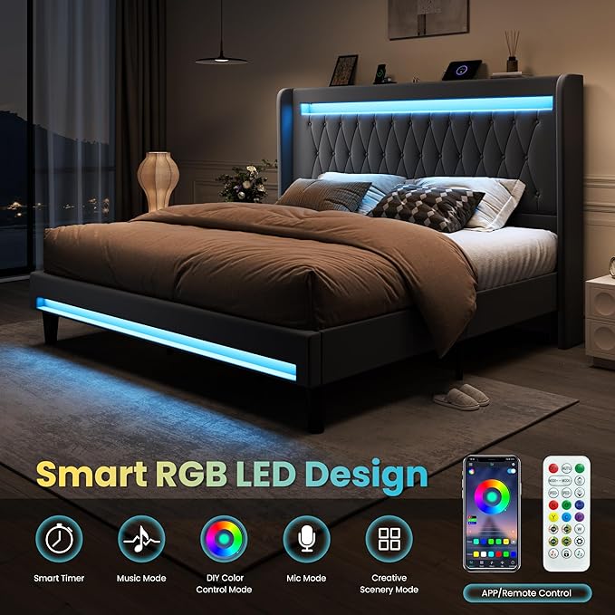 SHA CERLIN King Size LED Bed Frame with Charging Station, Velvet Upholstered Platform Bed with High Wingback Headboard, No Box Spring Needed, Easy Assembly, Grey