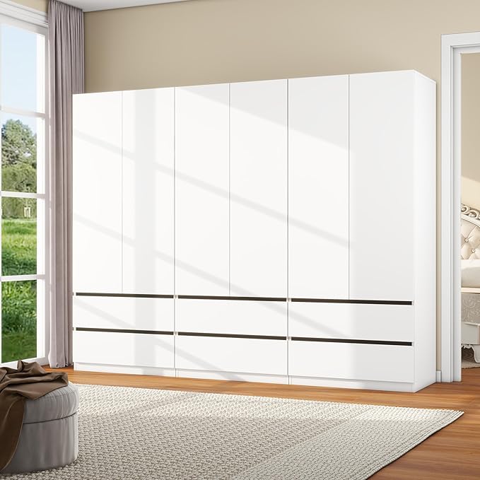 White Wardrobe Closet with Doors: 75" Large Capacity Bedroom Armoire, Wooden Cabinet with 6 Drawers, Hanging Storage Shelves with Hanging Rod (Contemporary, 3)
