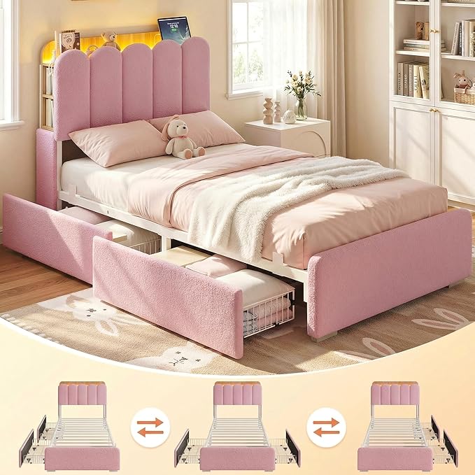 LIKIMIO Twin Bed Frame with 2 DIY Storage Drawers, Bouclé Headboard with Charging Station and LED Lights, Sturdy and Stable, No Box Spring Required, Easy Assembly, Pink
