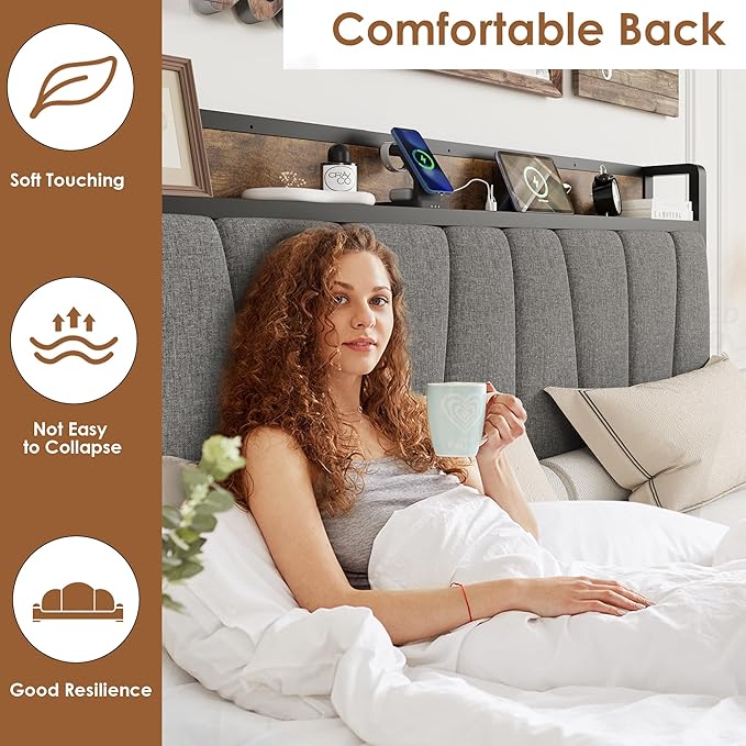 GAOMON Full Size Bed Frame with Storage Headboard and 2 Drawers, Linen Upholstered Platform Bed Frame with Charging Station, Heavy Duty, No Box Spring Needed, Easy Assembly, Noise Free, Grey&Brown