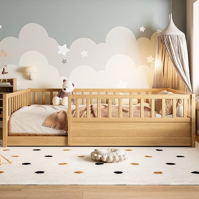 Bellemave Full Size Floor Bed with High Fence, Wood Montessori Bed with Slats and Guardrails, Full Size Montessori Floor Beds Frame for Kids, Girls, Boys, Natural