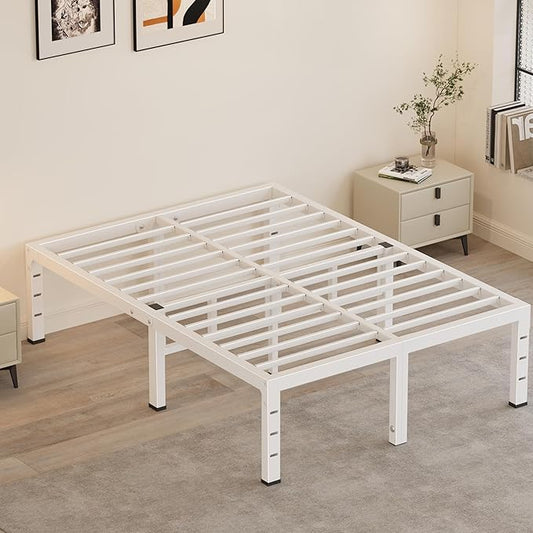 18 Inch King Size Bed Frames, Heavy Duty Metal King Platform 3500 lbs Capacity, No Box Spring Needed, 6 Mattress Slide Stopper, Headboard Holes, Noise-Free, Easy Assembly, White