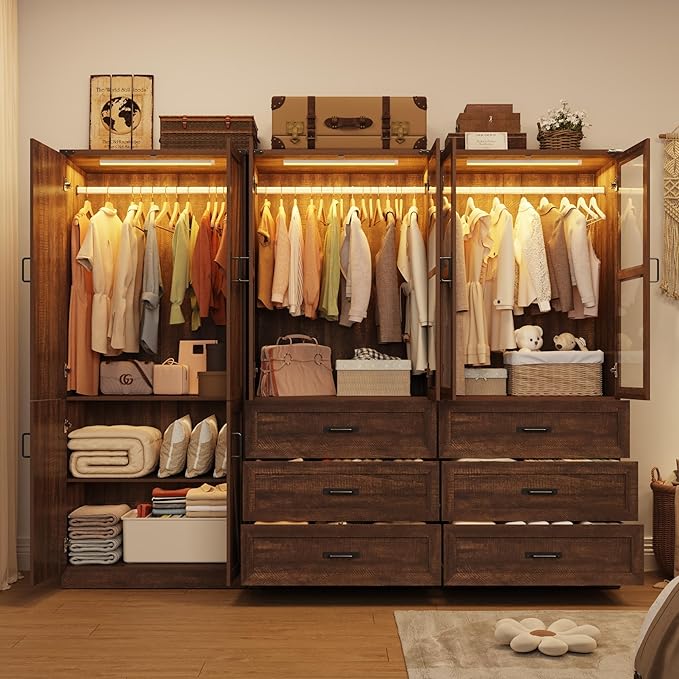 Hlivelood 75" Tall Farmhouse 6 Doors Armoire Wardrobe Closet with 6 Drawers and LED,Freestanding Closet Wardrobe Cabinet for Bedroom with Hanging Rod,Wooden Armoire Storage Cabinet(Brown 6 Doors 2)