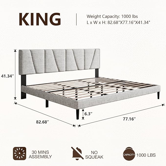 King Size Bed Frame with Linen Upholstered Platform Bed Frame, Wooden Slats Support, Noise-Free Mattress Foundation, No Box Spring Needed, Easy Assembly, Light Grey