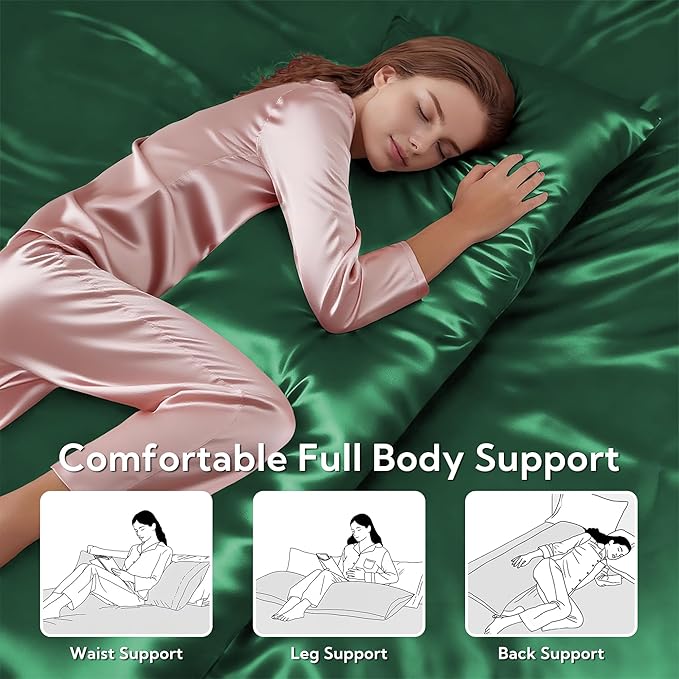 MR&HM Satin Body Pillow Cover, Soft and Breathable Body Pillow Case with Envelope Closure, Cooling and Silky Long Pillowcase for Hair and Skin (20x54, Dark Green)