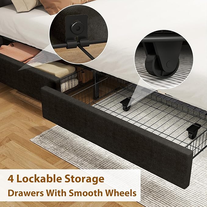 EVLIQUIL Bed Frame King Size with 4 Storage Drawers, Upholstered Headboard & Frame, Sturdy Metal Frame & Wood Slats, Platform Bed Frame No Box Spring Needed, Easy Assembly, Black