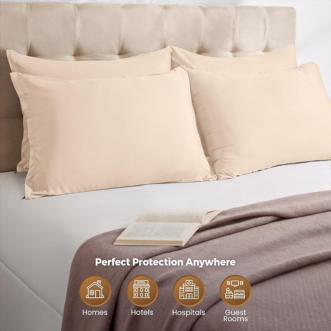 Utopia Bedding 4 Pack Pillow Protectors with Zipper Queen Size, Soft Brushed Microfiber Fabric Pillow Cases, Shrinkage and Fade Resistant Pillow Covers (Beige)