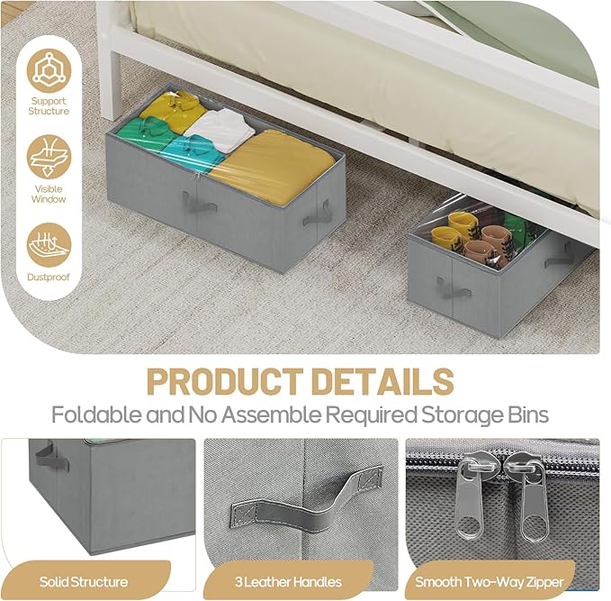 Large Under Bed Storage Containers, 12 inch Tall Underbed Storage Bins with Clear Lids, Deep Under Dorm Bed Storage Drawers Organizer for Shoes, Clothes, Blankets (2 Pack, Grey, 31.5"x16"x12")