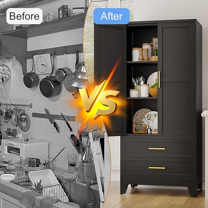 erosoei 71" H Metal Pantry Storage Cabinet,Office File Cabinets with 2 Drawers and Shelves, Kitchen Cupboard Storage Cabinet for Bedroom and Dinning Room（Black）