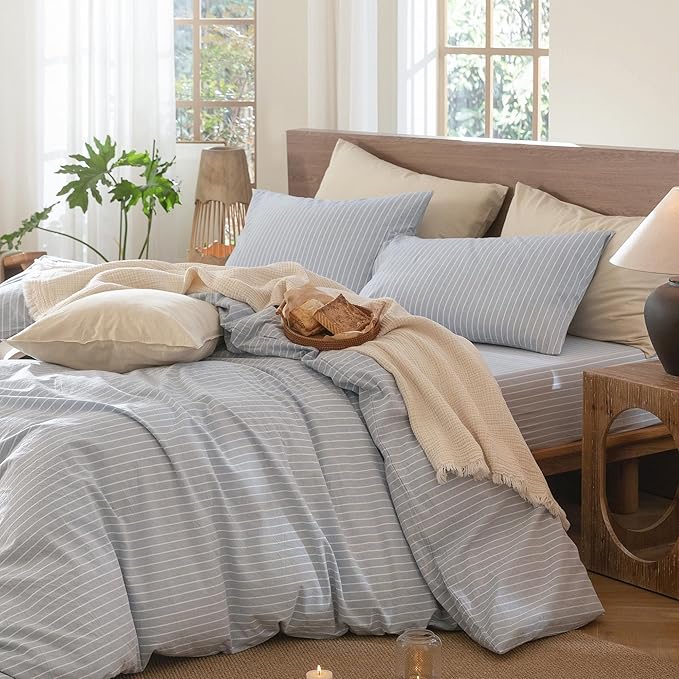 MooMee Striped Duvet Cover Set 100% Washed Cotton Linen Like Textured Breathable Durable Soft Comfy (Cornflower Blue White Wide Stripes, Palatial King/Oversized King 120"x98")