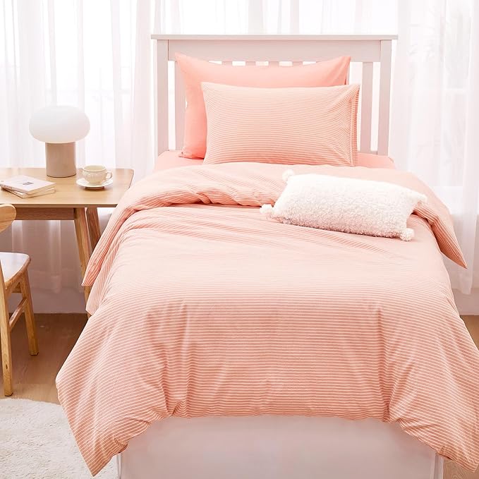 Wake In Cloud - Striped Cotton Duvet Cover Set, 100% Washed Cotton Textured Percale Bedding Set, Ticking Stripe Pinstripe Farmhouse, 3 Pieces, Light Pink, Twin Size