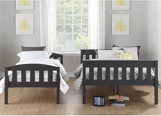 DHP Airlie Convertible Wood Bunk Bed Twin Over Full Size, Stackable and Detachable Bed Frames for Kids, Teens, Angled Ladder, High Guardrail, Wood Slats, No Boxspring Required, Grey