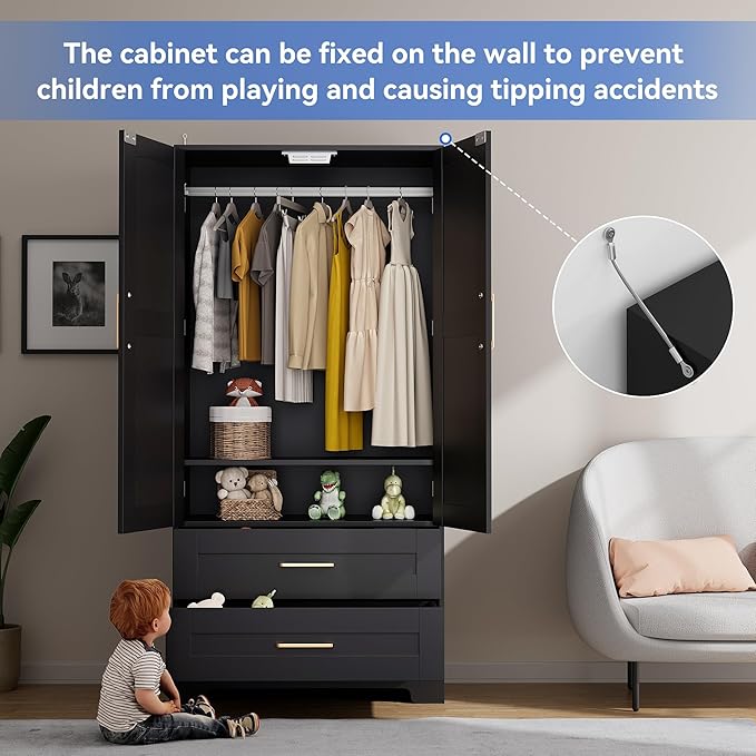 Wooden Armoire Wardrobe Closet with 2 Drawers, Bedroom Armoires with Door and Shelves, Freestanding Wardrobe Clothing Storage Cabinet with Hanging Rod for Bedroom, Laundry Room, Cloak Room（Black）