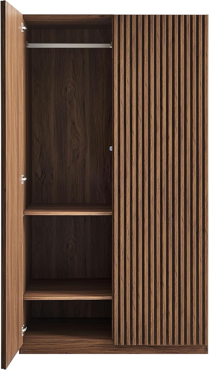 Modway Render Mid Century Modern Wardrobe Armoire Closet in Walnut w/Vertical Slatted Doors - 71Inch Freestanding Closet w/Adjustable Shelves & Hanging Rods - Tall Bedroom Storage Cabinet