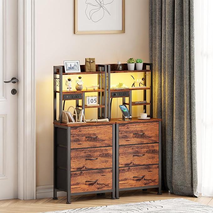 Furnulem Night Stand Set 2, LED Nightstand with Charging Station, 3 Fabric Drawers and 4 Tier Storage Shelf, Bedside End Table for Bedroom, Dorm, Office, Rustic Brown