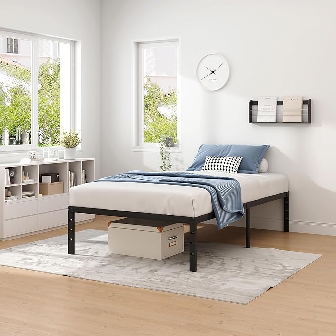 NEW JETO Metal Bed Frame,Twin Size Bed Frame with Storage Space,Heavy Duty Sturdy Mattress Foundation,Easy Assembly,No Box Spring Needed, Black,16 Inch,Twin