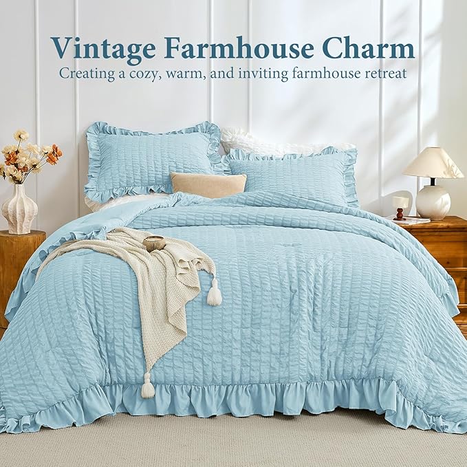 JOLLYVOGUE Blue Twin Size Comforter Set, 2 Pieces Seersucker Lightweight Fluffy Bedding Set, Twin Ruffle Comforter, All Season Soft Microfiber Shabby Chic Bed Set
