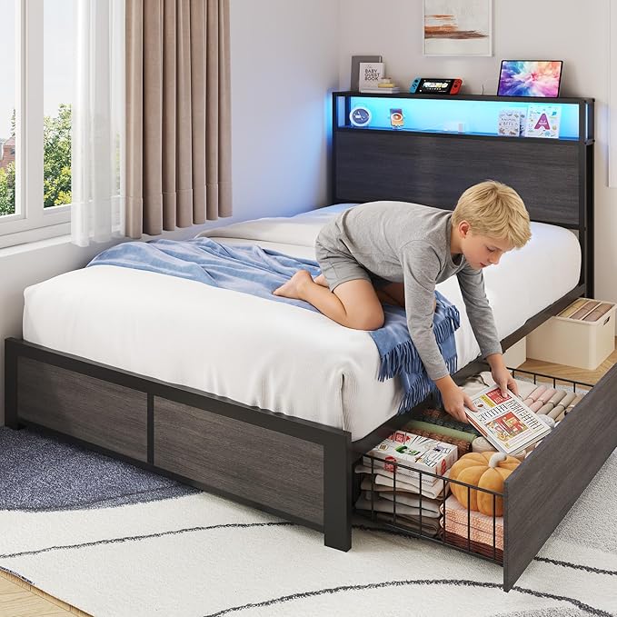 PHGLL Twin Bed Frame with 2-Tier Storage Headboard, Twin Size Metal Bed Frame with 2 Storage Drawers, 3-in-1 Charging Station & RGB LED, Noise-Free/Metal Support/No Box Spring Needed, Rustic Grey