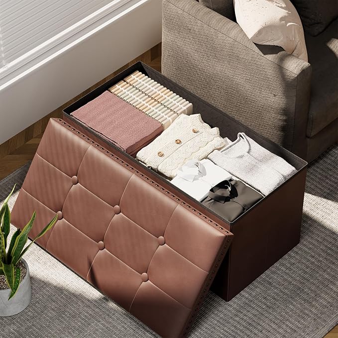 Storage Ottoman, Ottoman Faux Leather Bench, Rectangular Storage Ottoman for Bedroom End of Bed,Combination of Button Suede Rivet Design Ottoman with Storage 32.28" L x 15.75" W x 15.75" H
