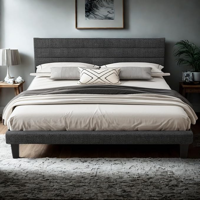 VINGLI King Size Bed Frame and Headboard,Panel Soft Bed with Linen Fabric Upholstered Padding, Low Profile Bed with Durable Wooden Slats Support, No Squeak, Dark Gray