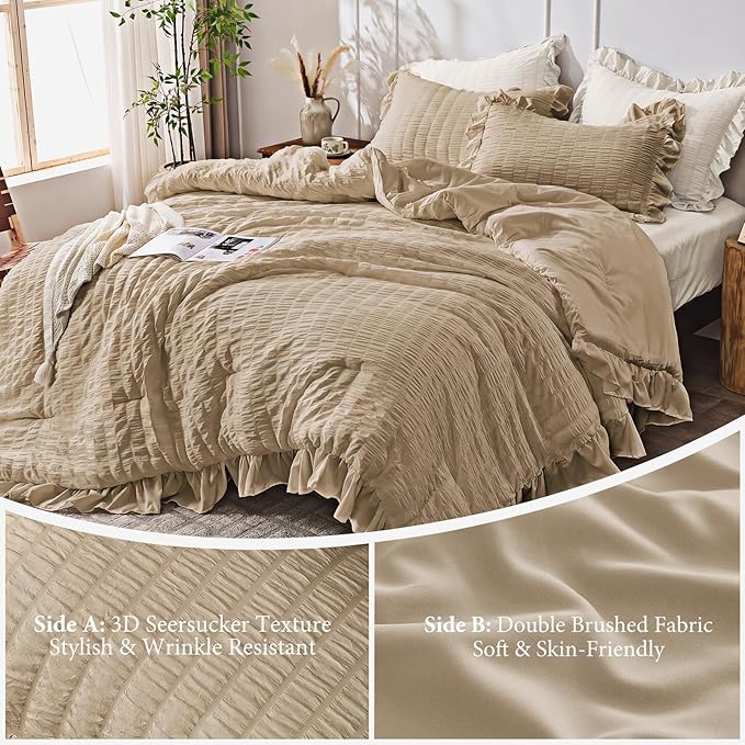 JOLLYVOGUE Twin Size Comforter Set, 2 Pieces Khaki Seersucker Lightweight Fluffy Bedding Set, Twin Ruffle Comforter, All Season Soft Microfiber Shabby Chic Bed Set