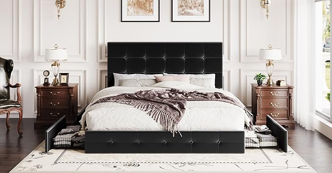 SHA CERLIN Queen Platform Bed Frame with 4 Oversized Storage Drawers, Adjustable Headboard with Velvet Upholstery, Square Button Tufted Design, Wooden Slat Support, No Box Spring Needed, Black