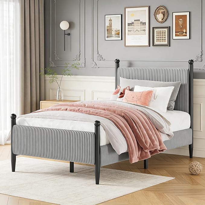 Garvee Twin Size Upholstered Bed Frame - with Velvet Headboard, Soft Corduroy Fabric Platform with Wooden Slats Support & Heavy Duty Feet, No Box Spring Needed, Noise Free, Easy Assembly, Grey