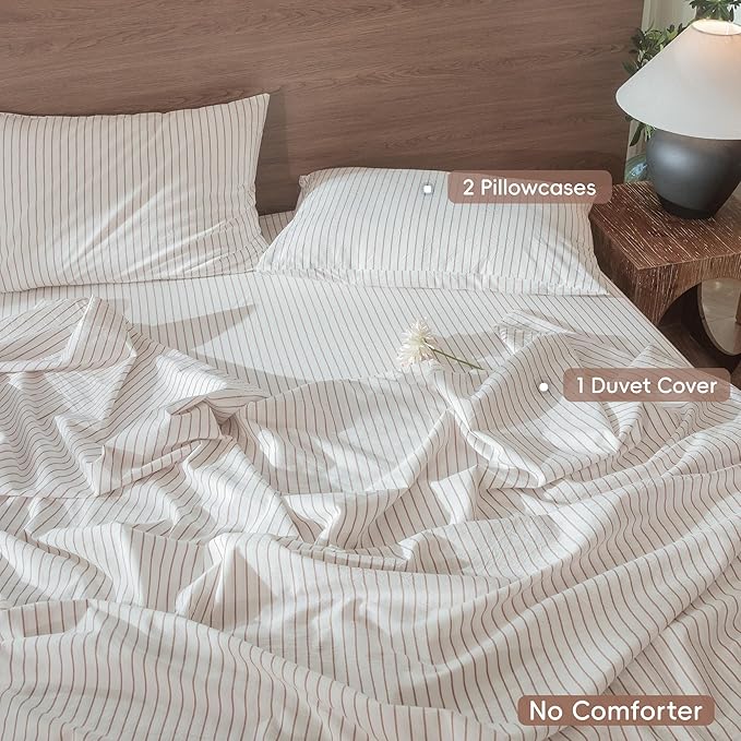 MooMee Striped Duvet Cover Set 100% Washed Cotton Linen Like Textured Breathable Durable Soft Comfy (White Orange Wide Stripes, Super King 108"x98")