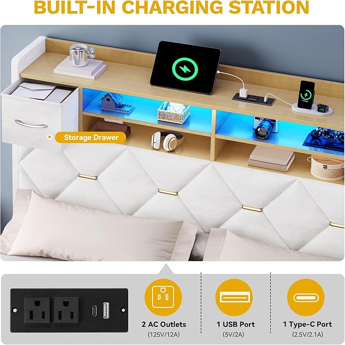 YITAHOME Queen Size Bed Frame with 2 Storage Drawers and Storage Headboard, Upholstered Platform with Charging Station and LED Light, No Box Spring Needed, Noise Free, Easy Assembly, Velvet White