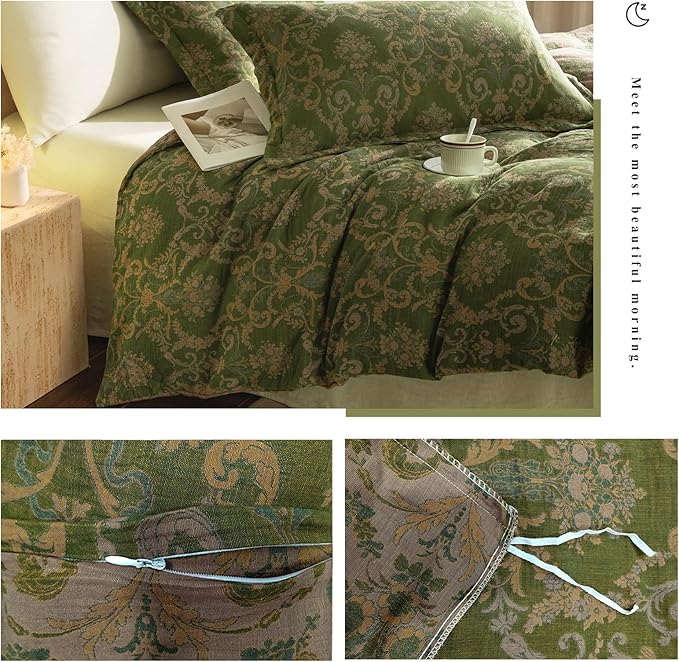 VM VOUGEMARKET Olive Green Duvet Cover Set King,Reversible Medallion Flower Print Bedding Set Linen Cotton Yarn-Dyed Textured Bohemian Duvet Cover with Zipper Closure-104 x90