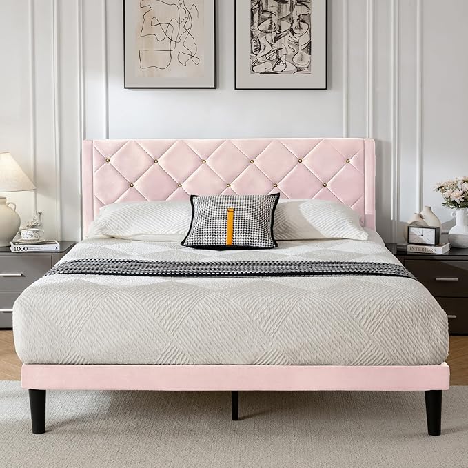 Queen Bed Frame with Headboard, Bed Frame Queen Size with Sturdy Wooden Slats Support, Platform Frame with Velvet Upholstered Headboard, Mattress Foundation, Easy Assembly, No Box Spring Needed Pink
