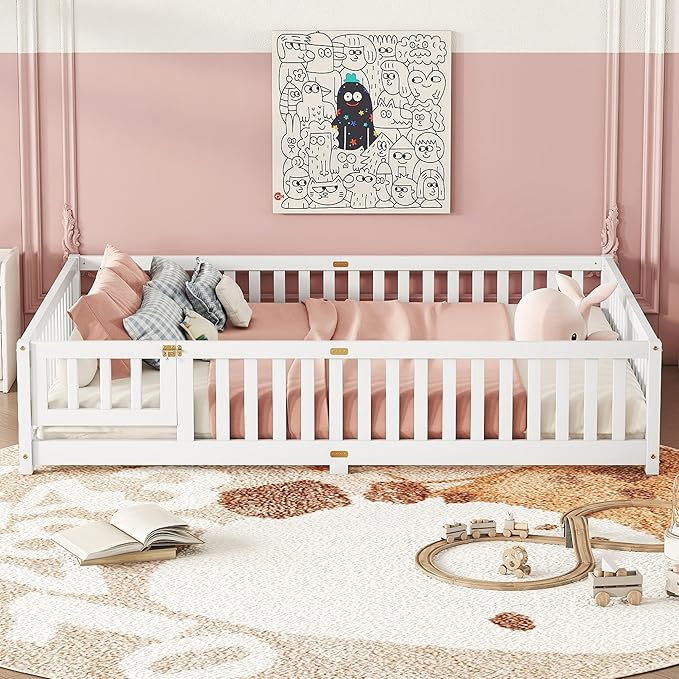Bellemave Queen Floor Bed with Slats and Door, Queen Size Montessori Floor Bed with Fence and Door, Easy Assemble Montessori Beds Frame for Girls, Boys, White