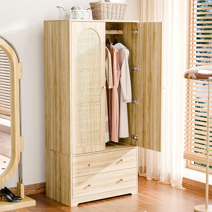VINGLI Wardrobe Closet with Doors, Rattan Armoire Wardrobe Closet with Drawers & Hanging Rod, Wooden Armoire for Hanging Clothes, Natural Oak, 68.9" H