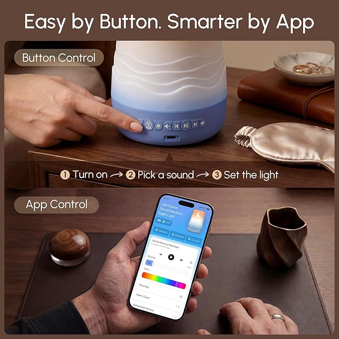 Mewaii White Noise Sound Machine Baby & Adult, 100 Soothing Sounds, AI Cry Detection, App Control, 360° RGB Night Light, Sleep Routine Builder, Alarm Clock for Home Nursery Travel Baby Essentials Gift