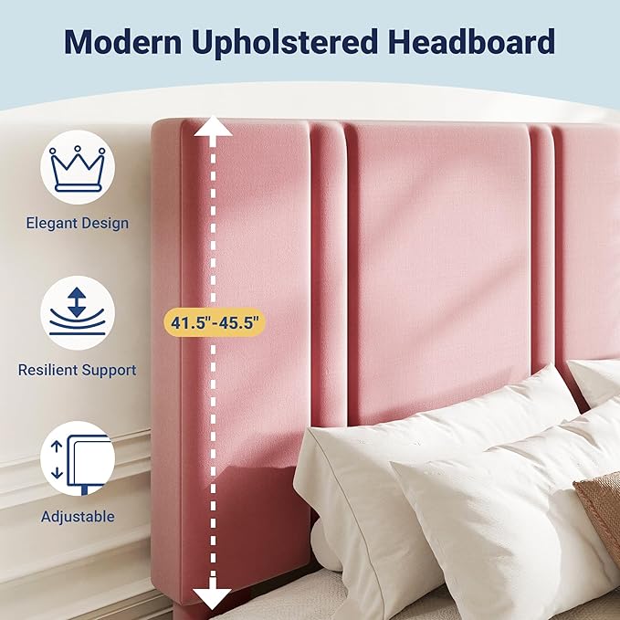 Allewie Queen Platform Bed Frame with Adjustable Headboard, Plush Velvet Upholstered, Vertical Channel Tufted, Sturdy Wooden Slats, No Box Spring Needed, Easy Assembly, Pink