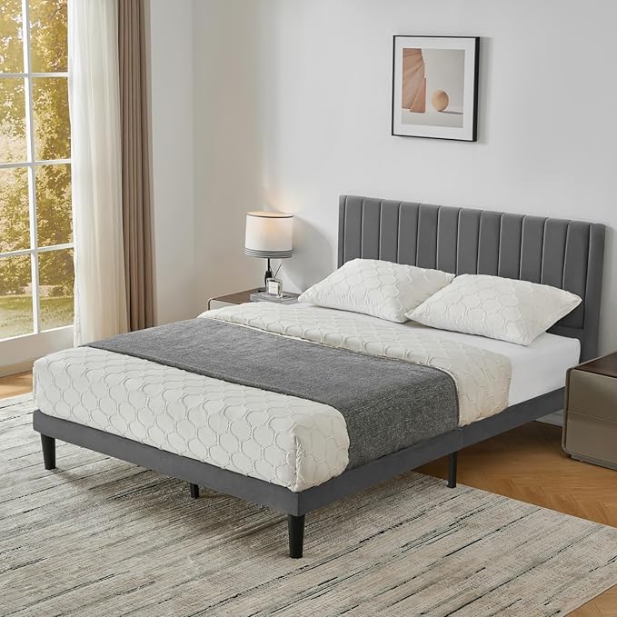 Queen Bed Frame Upholstered Platform,Queen Size Bed Frame with Velvet Headboard,Non-Slip and Noise-Free/Wooden Slats Support/No Box Spring Needed/Easy Assembly/Mattress Foundation (Grey, Queen)