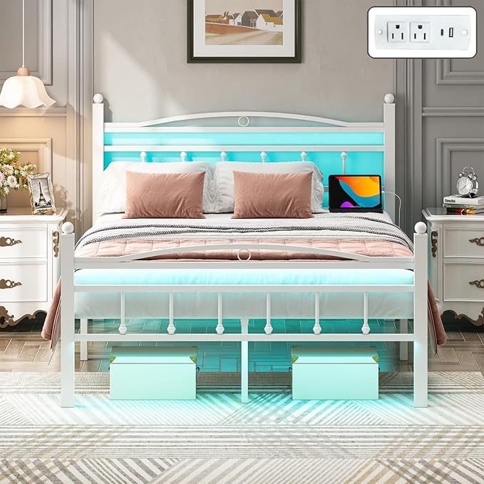 Jenmit Full Size Bed Frame with Headboard, Metal Platform Bed Frame with Charging Station & LED Lights, Storage Space Under Bed, No Box Spring Needed, Noise Free, Easy Assembly, White