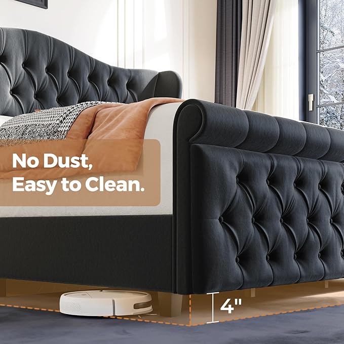 koorlian King Size Bed Frame,Velvet Upholstered Sleigh Bed with Scroll Wingback Headboard & Footboard,Luxury & Soft Button Tufted Modern Bed,Easy Assembly,No Box Spring Needed
