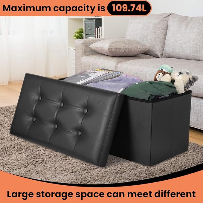 COSYLAND Ottoman Bench with Storage - 30x15x15in Folding Leather Ottoman, Rectangle Foot Stool Foldable Storage Chest Footrest Footstool Collapsible with Lid for Bedroom Living Room Pure Black