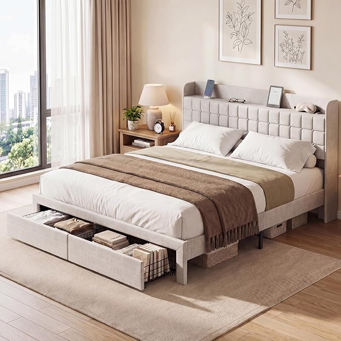 DUMOS King Size Upholstered Platform Bed Frame, King Bed with Storage Drawers and Fabric Headboard, Wooden Slats Support, 1323 lbs Weight Capacity, No Box Spring Needed, Easy Assembly, Beige