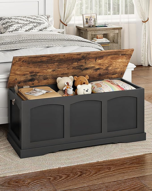 CHOEZON 39.4" Storage Chest Bench with Lift Lid, Toy Chest with Safety Hinge, Entryway Shoe Bench, Wooden Storage Trunk, Holds up to 220 lb, for Living Room, Bedroom, Black and Rustic Brown MCW12BF